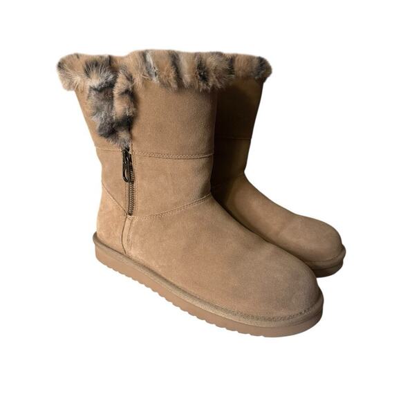 Koolaburra by UGG NEW Aribel Short Amphora Tan Boots Size 9 Suede Leopard Trim - Picture 1 of 8